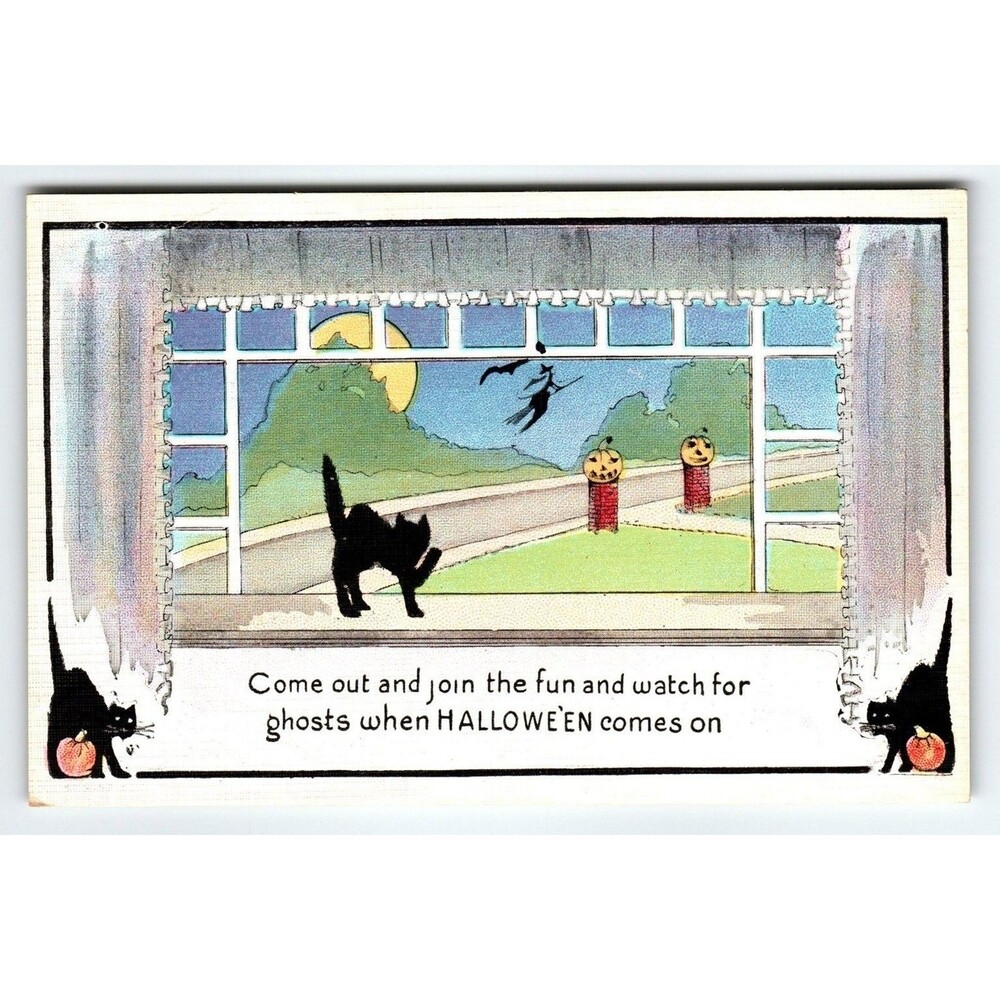 Vintage 1907-1915 Halloween Postcard Black Cat Witch Lithograph Moon Pumpkins